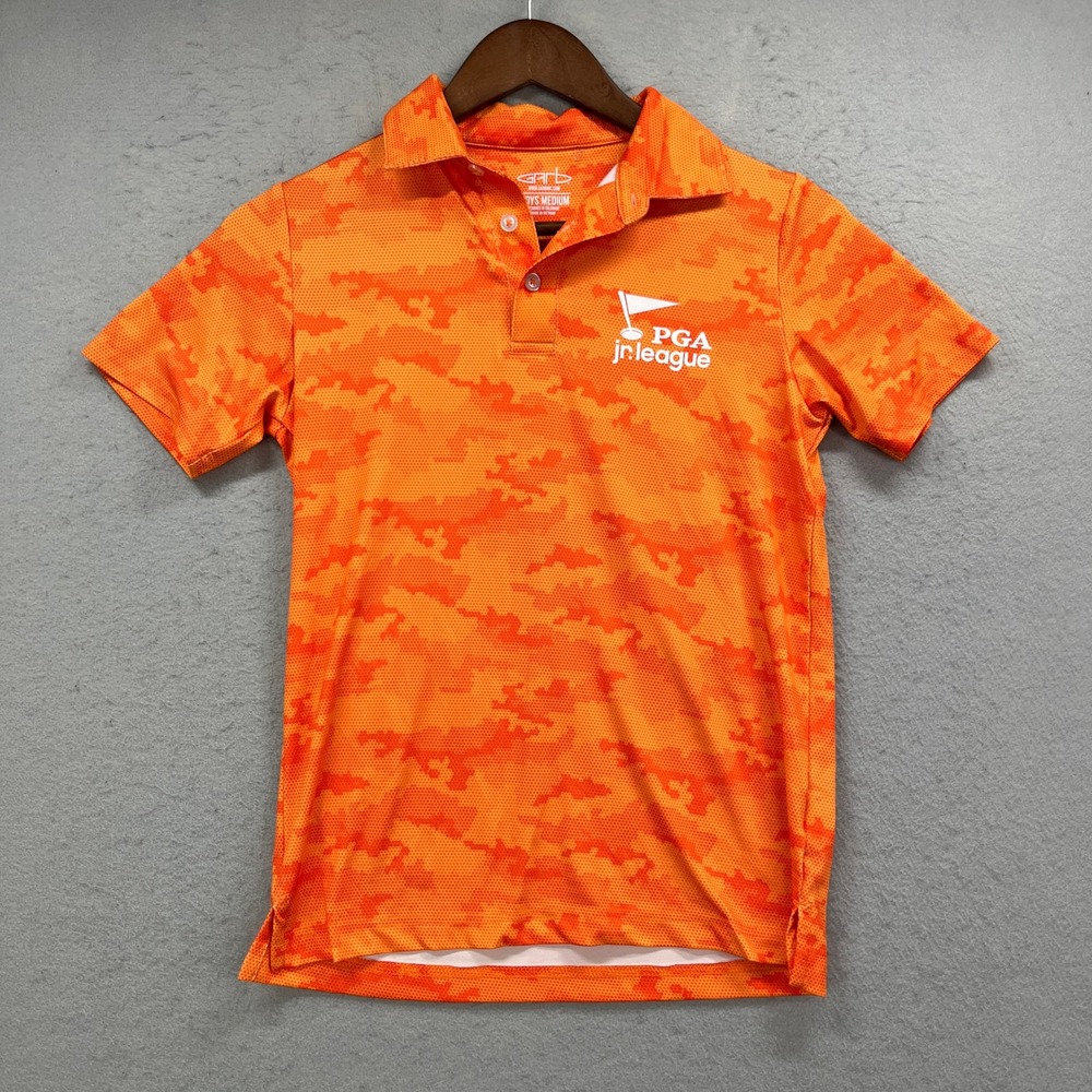 PGA Jr League Garb Polo Shirt Boys Medium Orange Camo‎ Fore-Get-Me-Not 42 Golf